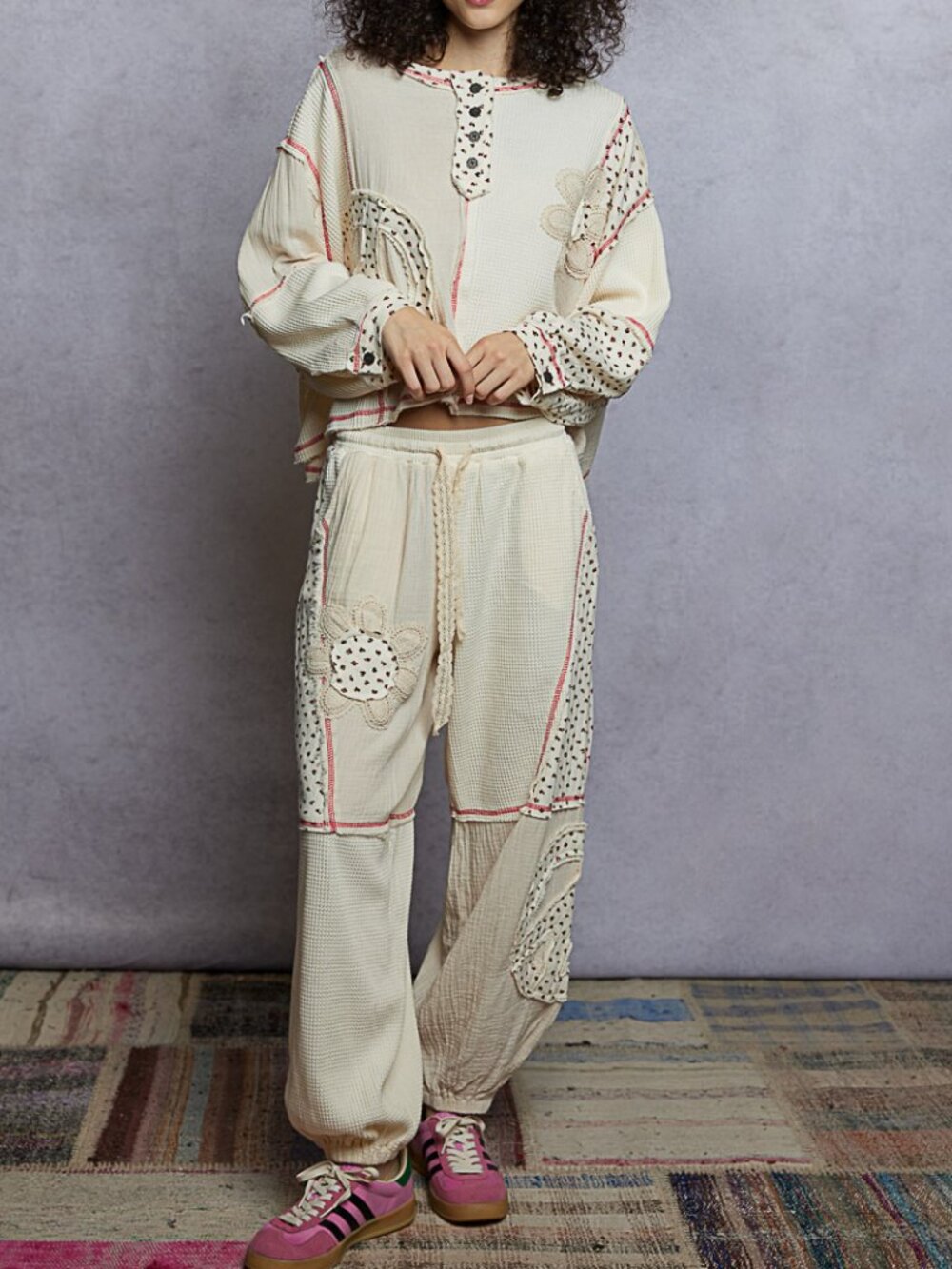 NWT POL Cream Peace Floral Patch Thermal Knit Top and Pant Set